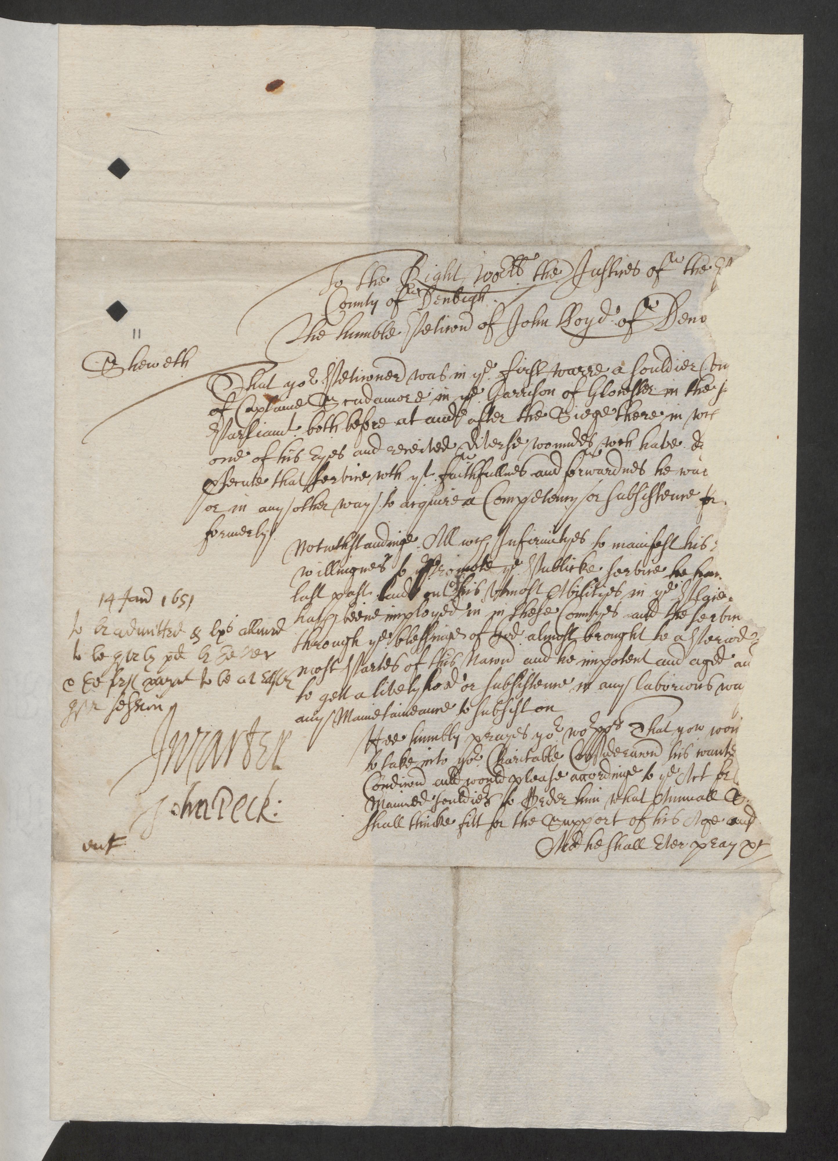 The petition of John Lloyd of Denbigh, Denbighshire (1), 14 January ...