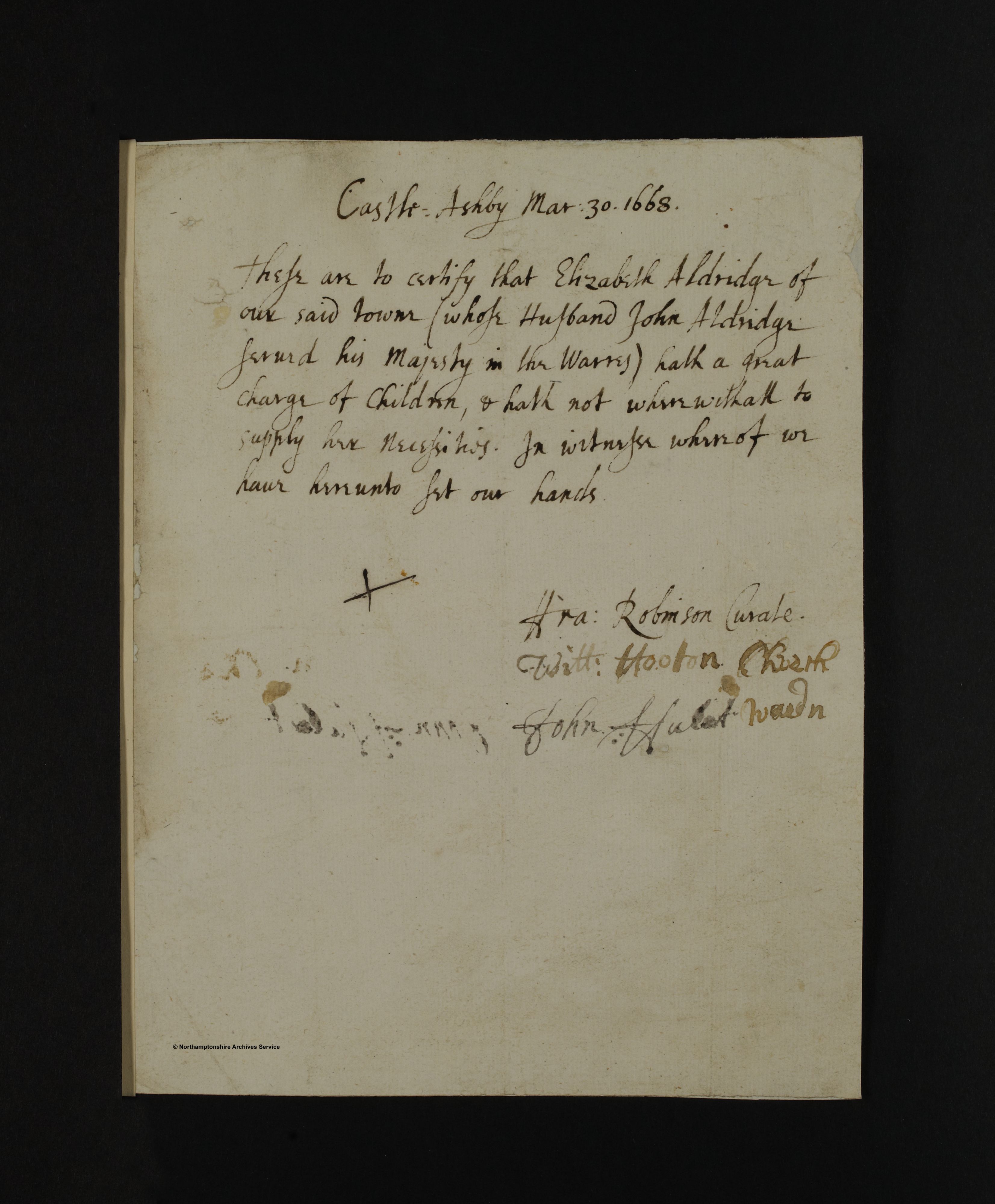 The certificate for Elizabeth Aldridge of Castle Ashby