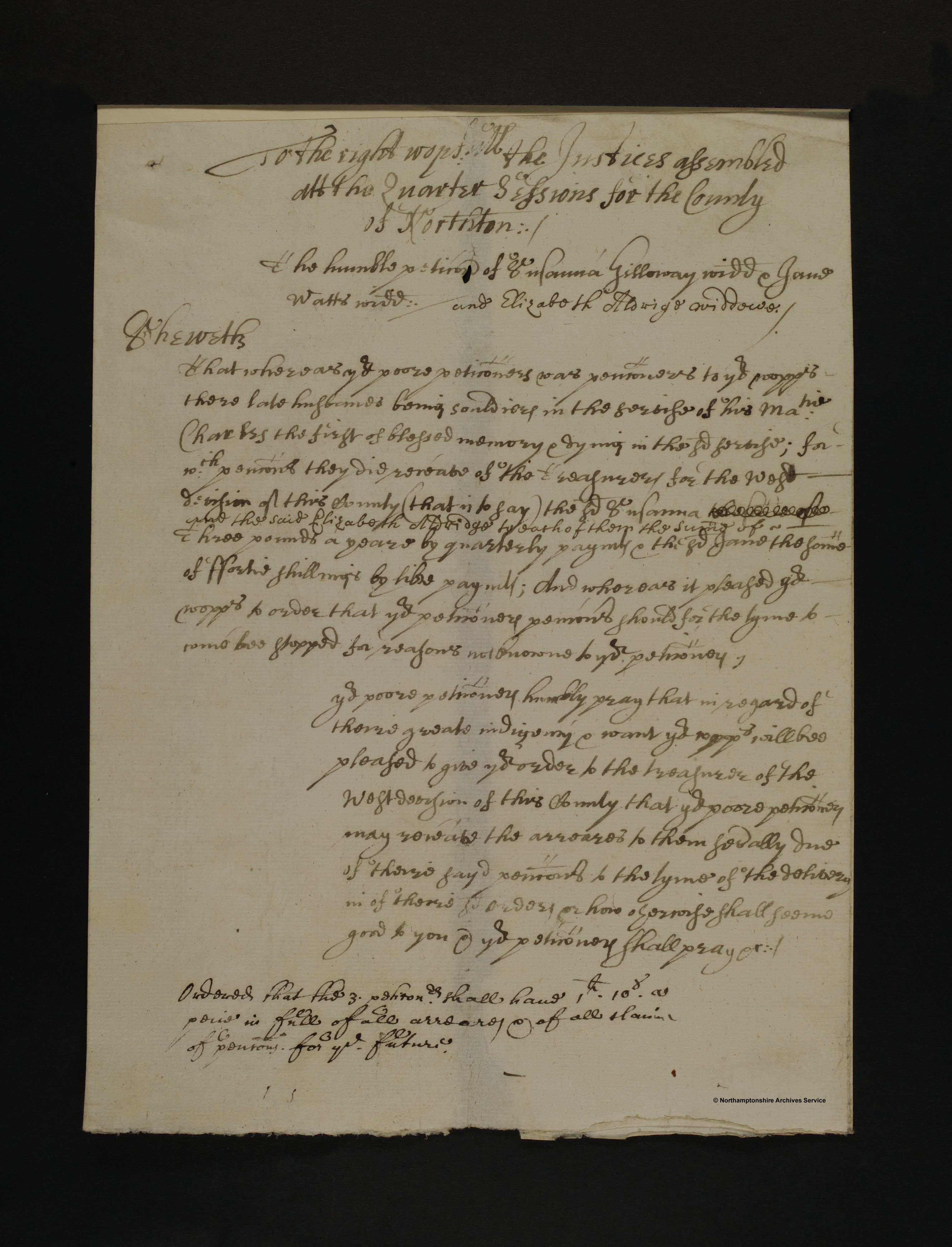 The petition of Susanna Gilloway of Yardley Hastings, Northamptonshire