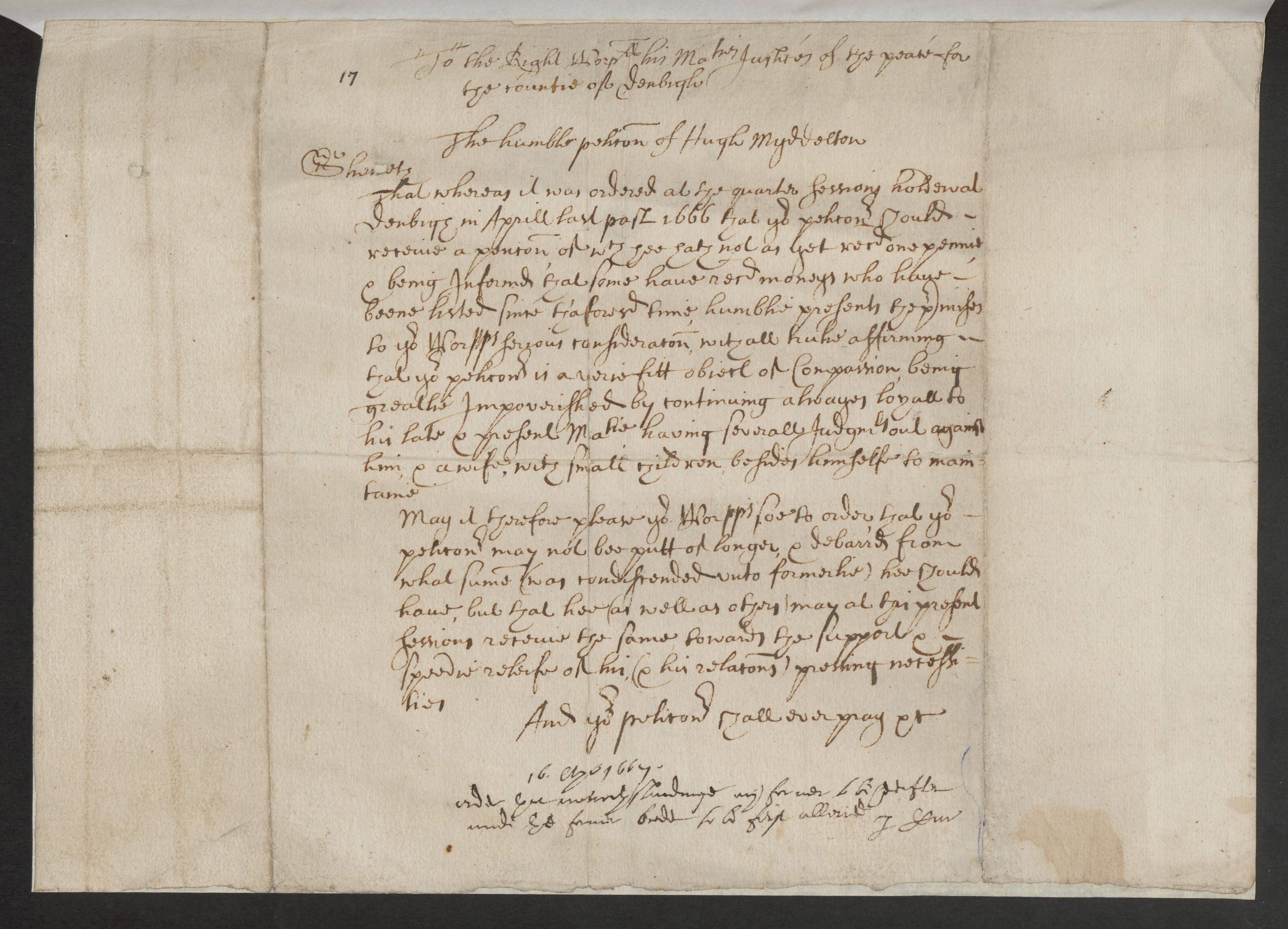 The petition of Hugh Myddelton, Denbighshire, 16 April 1667 · Civil War ...