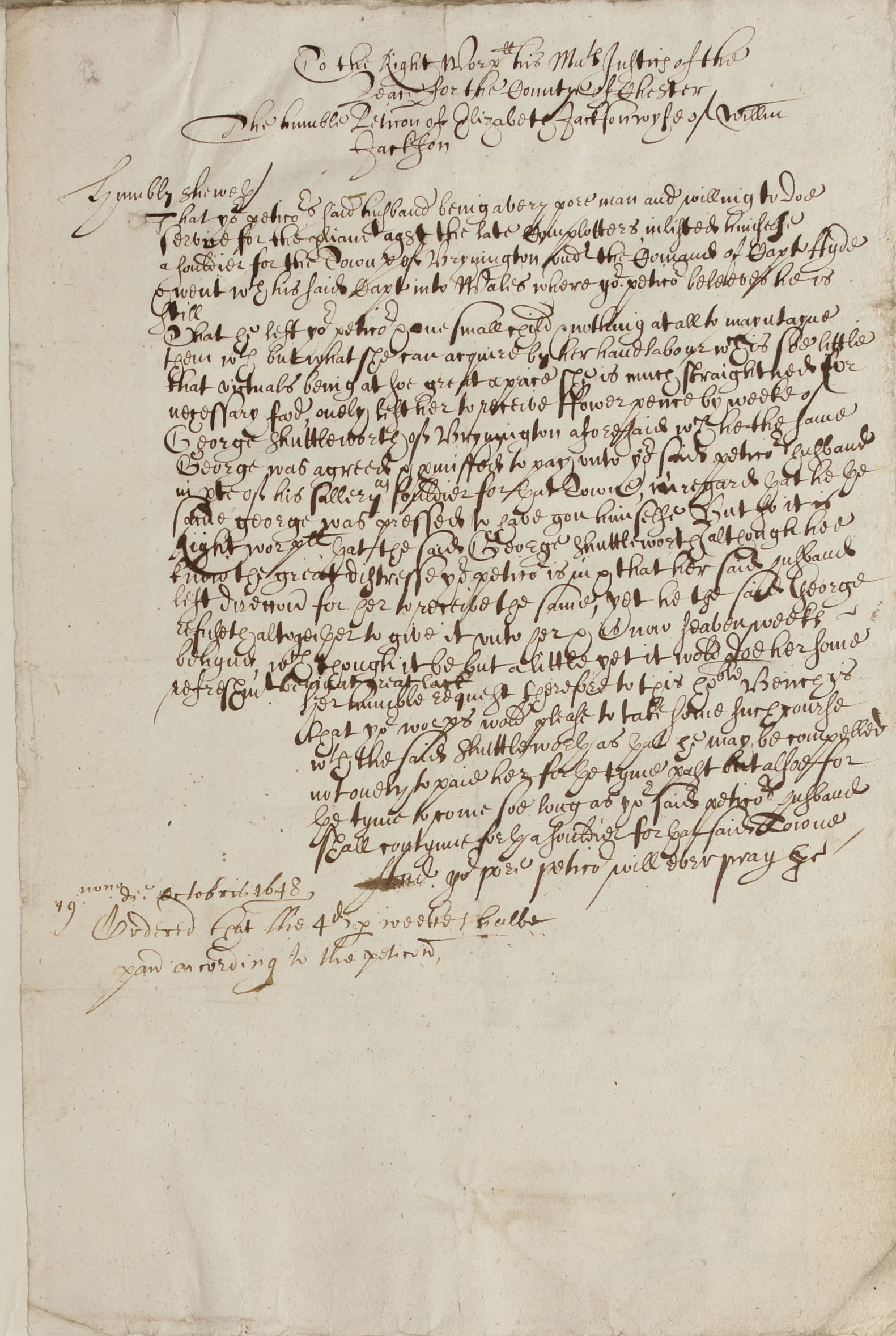 The petition of Elizabeth Jackson of Brinnington, Cheshire, 19 October ...
