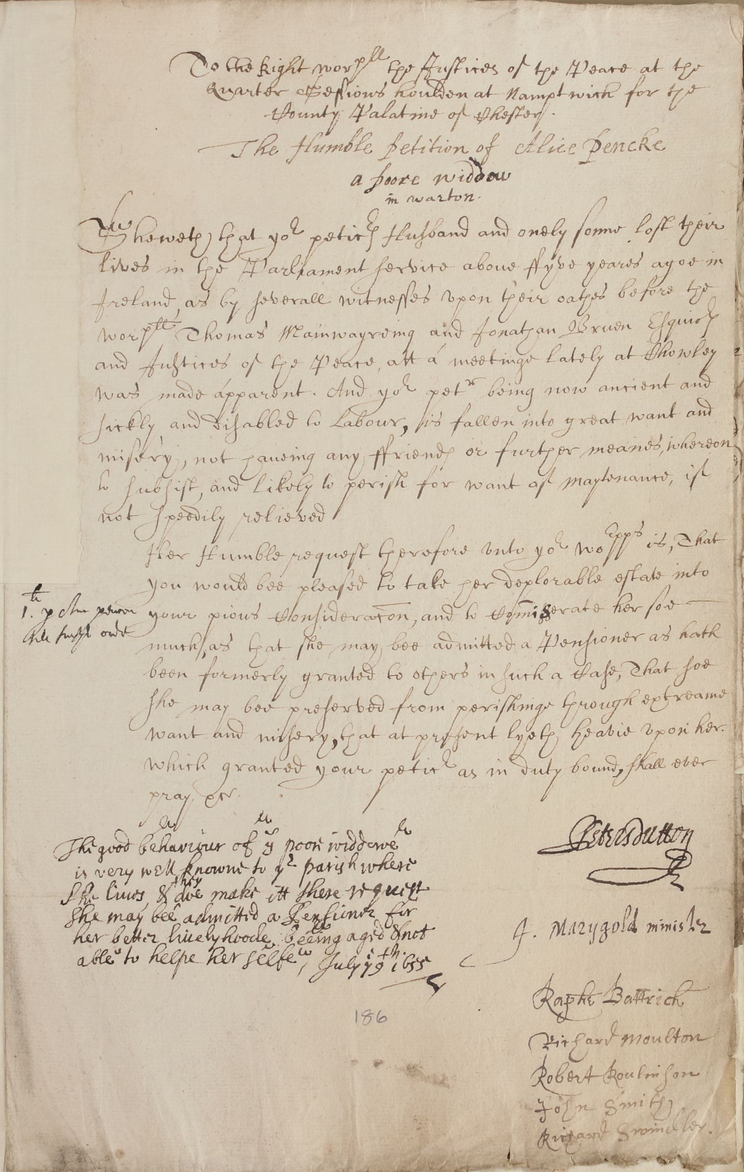 The petition of Alice Pencke of Wharton, Cheshire, 19 July 1655 · Civil ...