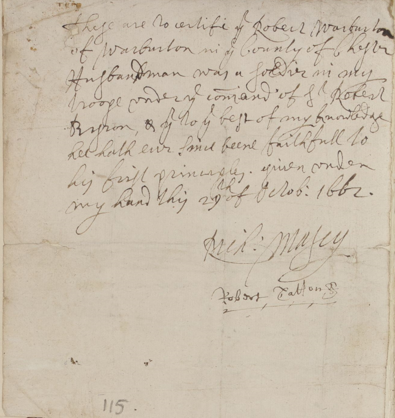 The certificate for Robert Warburton of Warburton, Cheshire, 29 October 1662 · Civil War Petitions