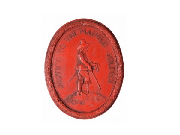 A red seal made of wax with an imprint of a soldier with a wooden leg.