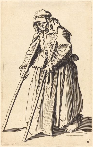 An etching of a poor looking woman using two t-shaped underarm crutches while looking forlorn.