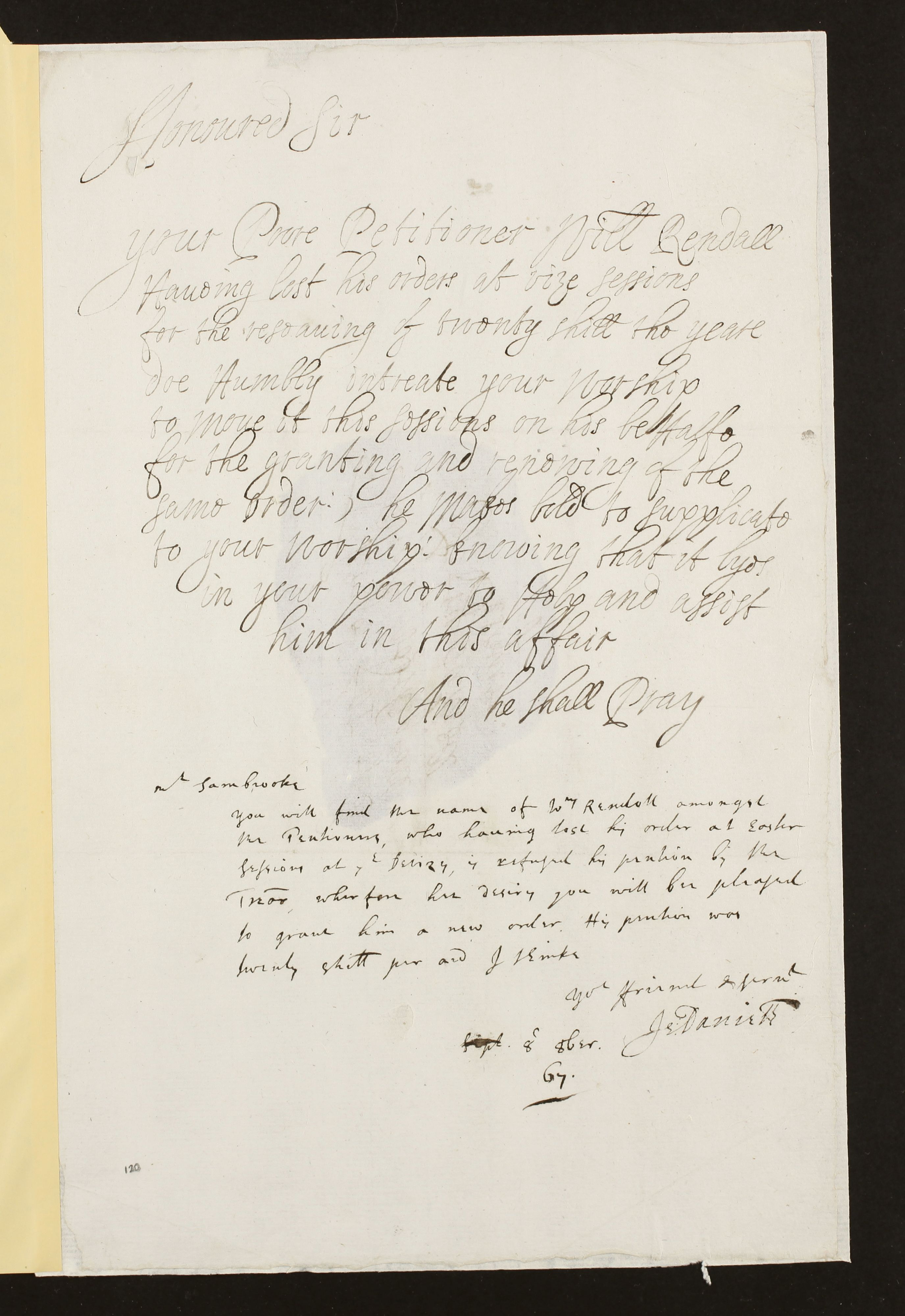 William Rendall The petition of William Rendall, Wiltshire, 8 October 1667 · Civil War ...