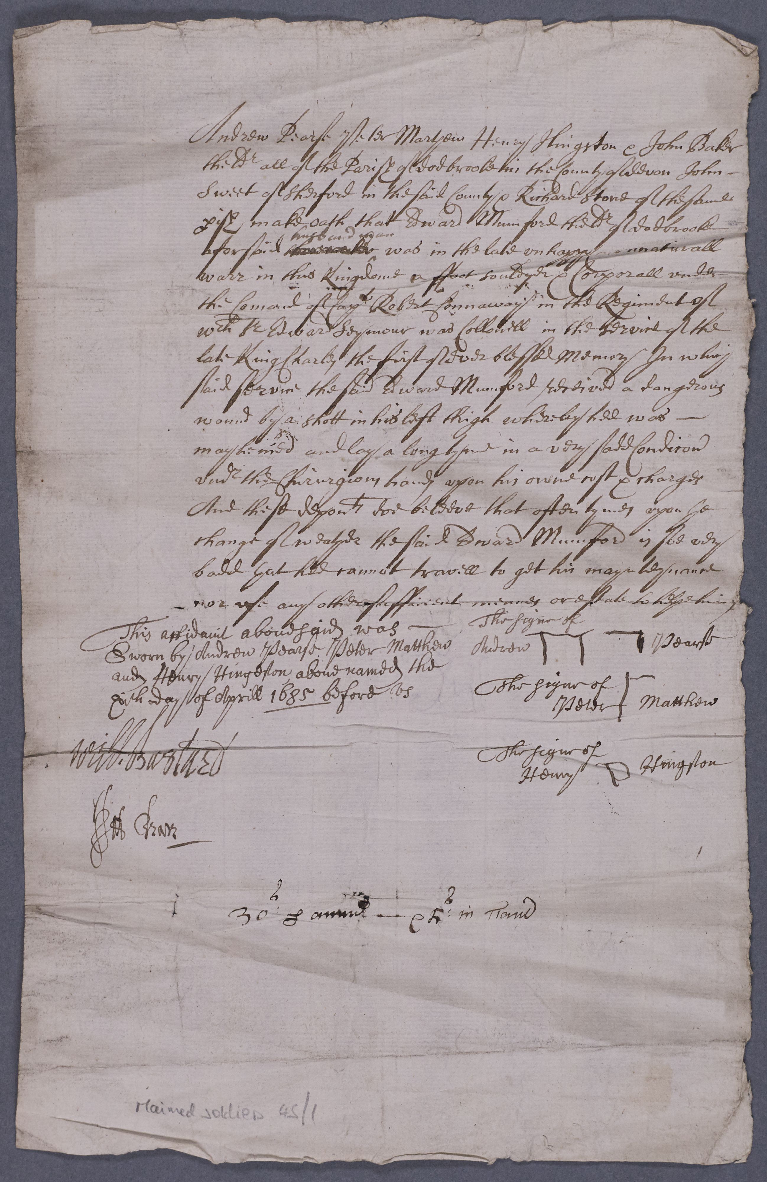 The certificate for Edward Mumford of Dodbrooke, Devon, 11 April 1685 ...