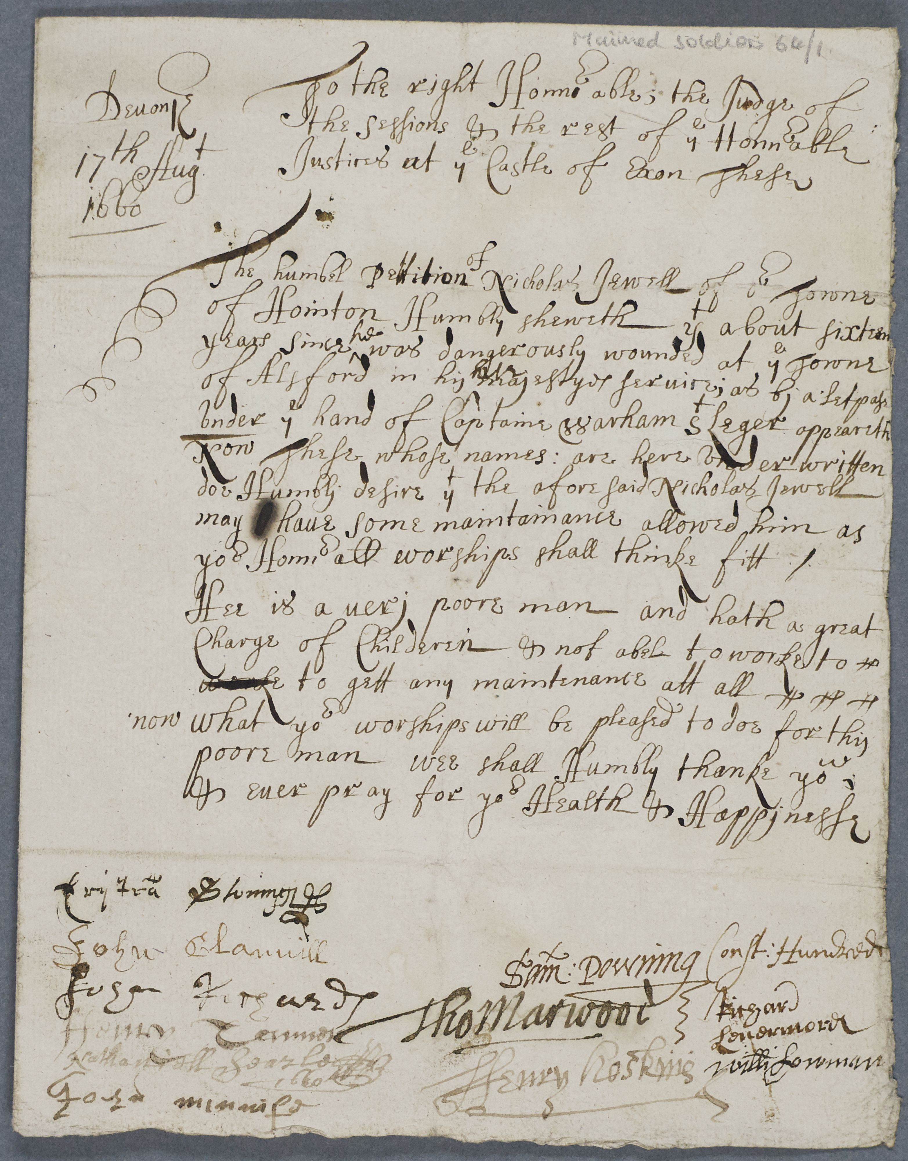 The petition of Nicholas Jewell of Honiton, Devon, 17 August 1660 ...