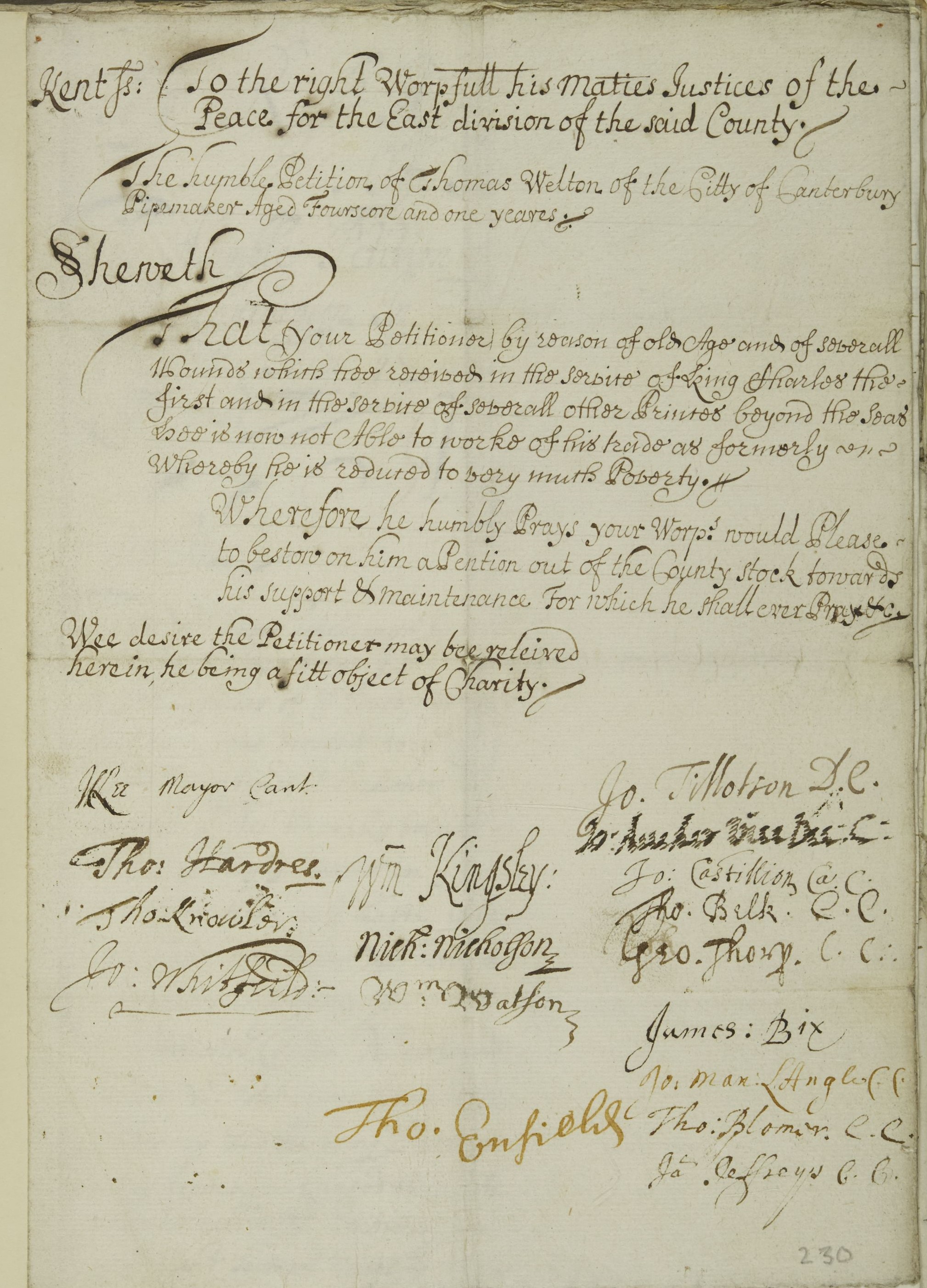 The petition of Thomas Welton, City and County of Canterbury, 1687